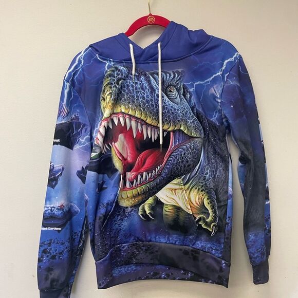 Women's Realistic T Rex Dinosaur Purple Hooded Sweatshirt SZ S - Picture 7 of 7